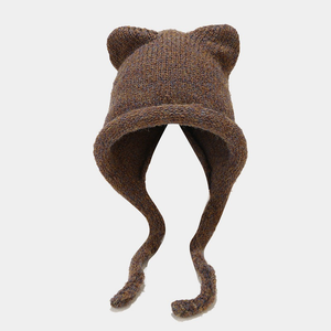 Herbst Winter Warmer Gehörschutz Strick mütze Designer Logo Acryl Katzen ohren Mütze <span class=keywords><strong>Hand</strong></span> gezeichnet 3D Stickerei Brief Charakter - Product Image 3