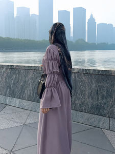 Vestido Abaya Modesto Color Malva con Mangas Farol, Fruncido en la Parte Delantera, Túnica Abierta, Ropa Islámica Elegante para el Día a Día y Ramadán - Product Image 5