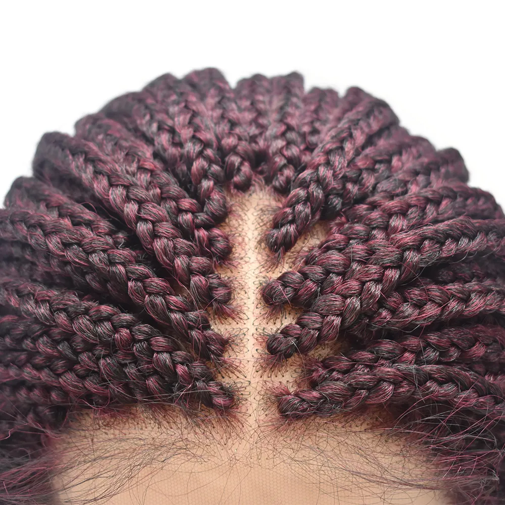 미국 재고 블랙 부르고뉴 컬러 수제 밥 상자 꼰 Cornrow 레이스 프론트 가발 아기 머리