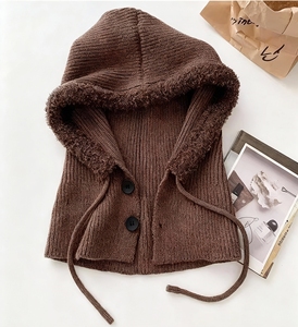Chapeau Balaclava en Acrylique <span class=keywords><strong>Tendance</strong></span> pour Femmes Printemps Automne Hiver Chaud Quotidien Écharpe Intégrée Protection des Oreilles Tricoté Bouton - Product Image 3