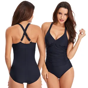 Trendy designer big size plain color nylon spandex bodysuit female slimming one piece swimsuit swimwear