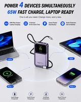 Batería Externa de 20000mAh con Carga Rápida de 45W y 65W, Cables Integrados y Carga para Múltiples Dispositivos