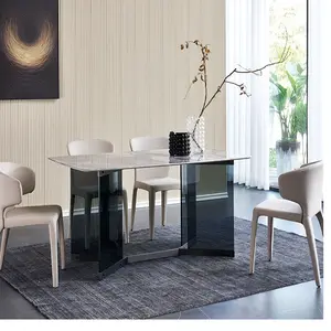 Neues Modell 4-Sitzer Esstisch Set mit schwarz gehärtetem Glasboden und Schiefer Sinter steinplatte Marmor Design für die Küche