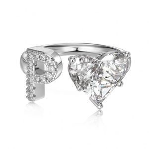 Dylam 925 <b>Sterling</b> <b>Silver</b> 0.75 CT Heart-shaped 5A Cubic Zirconia A-Z Alphabet Initial P Engagement Promise <b>Adjustable</b> Open <b>Ring</b> - Product Image 1