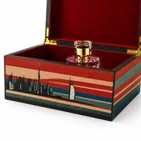 Boîte en bois artisanale avec incrustation de paysage urbain, intérieur en velours rouge personnalisé, boîte de rangement de luxe pour parfums, fabriquée au Guangdong, finition très brillante