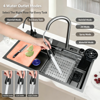 Évier de cuisine moderne à double bac en acier inoxydable brossé noir avec robinet, affichage numérique intelligent, multifonctionnel, cuisine moderne
