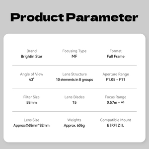 Objetivo Prime de Retrato Brightin Star de 50 mm F1.05 con Enfoque Manual y Formato Completo para Sony E, Canon RF, Nikon Z y Leica L-Mount - Product Image 2