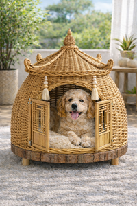 Handgefertigtes Naturweiden-Haustierhaus im Chinesischen Stil Luxuriöses Hundebett Atmungsaktiver Handgewebter Hundezwinger Haustiermöbel - Product Image 1