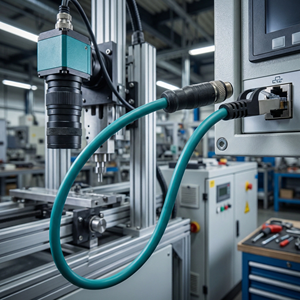 Kabel Ethernet CAT6A M12 Tahan Air Warna Hijau Biru dengan Konektor M12 X Berkode ke RJ45 Panjang 500mm Selubung PVC untuk Penggunaan Komputer - Product Image 3