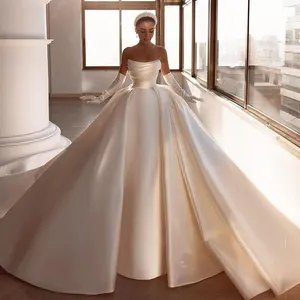 Wedding Dresses 2023 Pearls Modern Bridal Beach Boho Dress Sweep Train A-Line Satin Wedding Ball Gown Plus Size