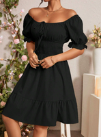 AUSELILY Robe d'été unie pour femme, col carré, taille haute, manches bouffantes, décontractée, poches élastiques, mini-robe