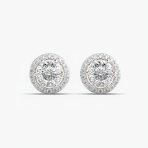 Boucles d'oreilles clous classiques en or 14 carats avec halo rond, diamant de laboratoire rond de 3 carats, qualité E VS1, certifié IGI, par Apricot Jewels - Product Image 1
