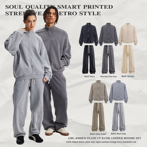 2pcs Vintage Style Heavyweight Hoodie Oversize Custom Logo Stand Collar Jacket Casual Sweatshirt And Sweatpants Set For Men