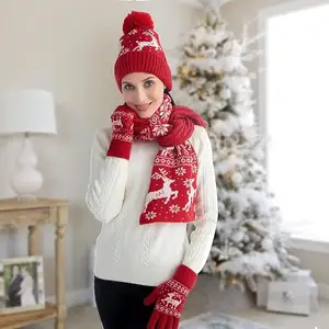 Wholesale Christmas Gift Thickness Acrylic Jacquard Knitted Pom Pom Winter Warm Thermal Hat Scarf And Gloves