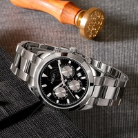 Montre à quartz pour homme personnalisée avec boîtier argenté de 40 mm, cadran bleu, chronographe, bracelet en cuir, liste de prix, modèle tendance