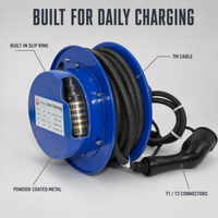 Enrouleur de câble de chargeur EV rétractable automatique avec connecteur Type 2, gestion de câble à ressort et anneau de glissement pour la recharge quotidienne