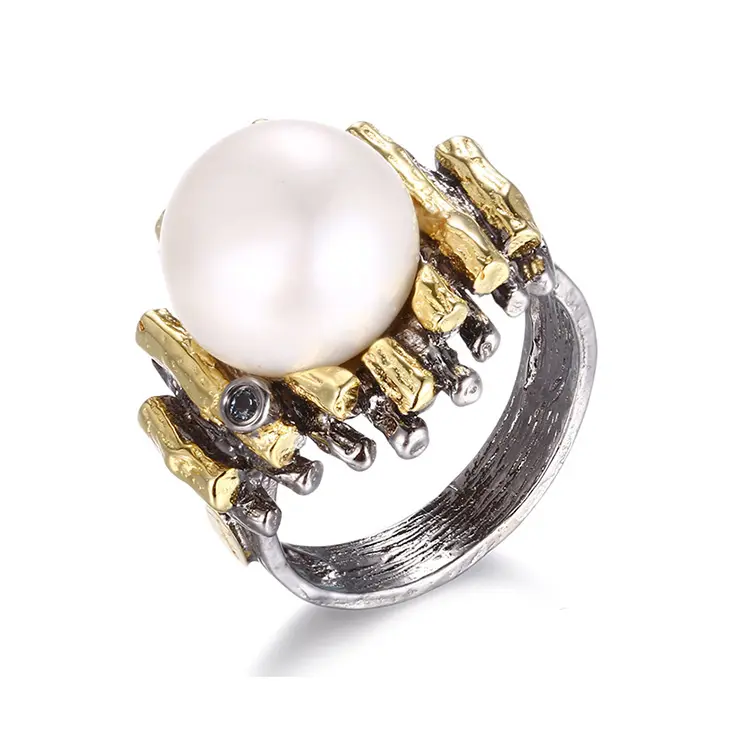 Unique 925 Sterling Silver Button Pearl Black Jewelry Ring