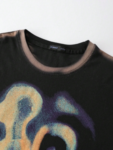 Camiseta negra con lavado ácido de estilo oscuro, oversize, corta, de manga corta, con estampado degradado, transpirable, para verano. - Product Image 3