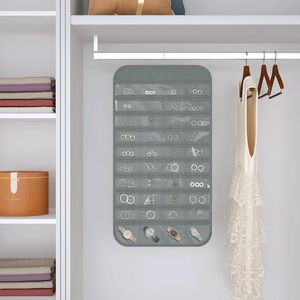Organisateur de bijoux suspendu double face gris, 36 crochets, 40 poches pour colliers, boucles d'oreilles, montres, pour femmes, moderne, pliable - Product Image 5