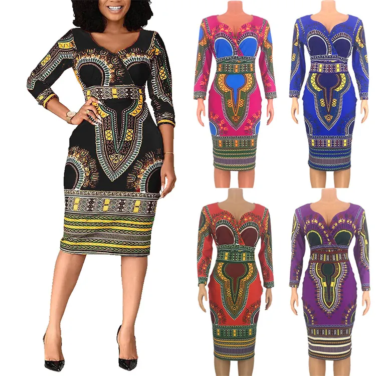Wholesale Ethnic Style Fashion Plus Size Women's Dress V-Neck Printed Ladies Slim Package Hip Skirt
