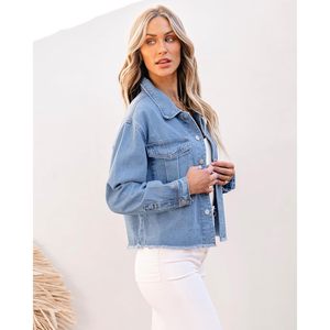 2025 Women's Trendy Oversized <b>Jean</b> Jacket <b>Raw</b> <b>Hem</b> Long Sleeves Fashion Casual Shacket Pockets Button Decoration Loose Fit - Product Image 3