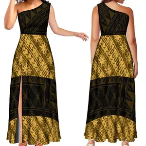 Vente en gros Robe longue fendue sans manches à une épaule personnalisée robe longue soirée à imprimé tribal polynésien pour femmes