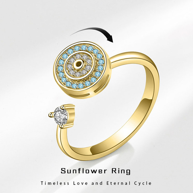Luxury Rotatable Blue Zircon Round Adjustable Ring, Lucky Fidget Spinner Jewelry for Her