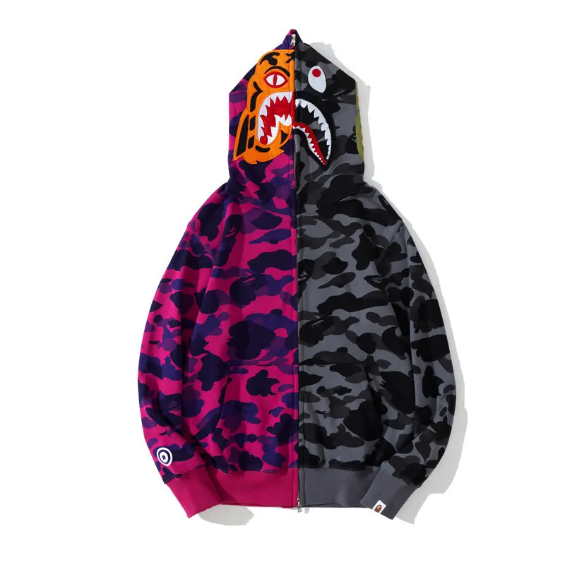 Wholesale camouflage contrast color unisex zip up hoodies cotton men hoodie luxury full zipper hoodie