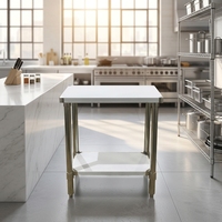 Table de travail professionnelle CUSTOM NSF pour cuisine commerciale, 2 niveaux, en acier inoxydable 430, finition brossée mate, avec étagère inférieure galvanisée, robuste