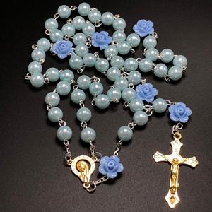 6mm bleu verre perle chapelet perle Rose fleur connecteurs doré vierge marie centre et jésus croix - Product Image 6