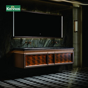 Mueble de Baño de Madera Sólida Moderno y de Lujo, con Doble Lavabo de Cerámica Dorado, Espejo LED Resistente al Agua Incluido, para Uso en Hoteles - Product Image 1