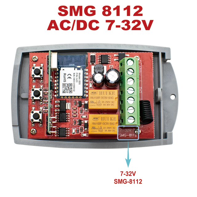 SMG-8112 AC/DC7-32V Universal 433MHz 2CH WiFi Smart Gate Opener Receiver Fixed Rolling Code Works with Tuya App Alexa GoogleHome