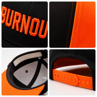 Topi Baseball Snapback Premium Vintage Twill Dua Warna 6-Panel, Panel Depan Hitam, Sisi Oranye, Pinggiran BURNOUT, Bordir 3D Timbul