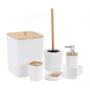 ODM Minimalist Stripes Bamboo Toilet Washroom Bathroom Accessories Complete Lid Set 6 Pieces Plastic Wooden Bathroom Set 6 Items
