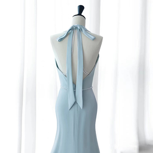 Abito <span class=keywords><strong>da</strong></span> <span class=keywords><strong>Cerimonia</strong></span> Blu con Scollo a V, Elegante, Schiena Scoperta, Stile Sirena/Tromba, Lunghezza a Terra, 100% Cotone, con Cristalli, Antistatico - Product Image 4