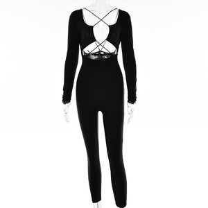 Combinaison sexy dos nu à manches longues pour femmes, taille haute, couleur unie, extensible, tenue de club, rouge rose FD9702 - Product Image 5
