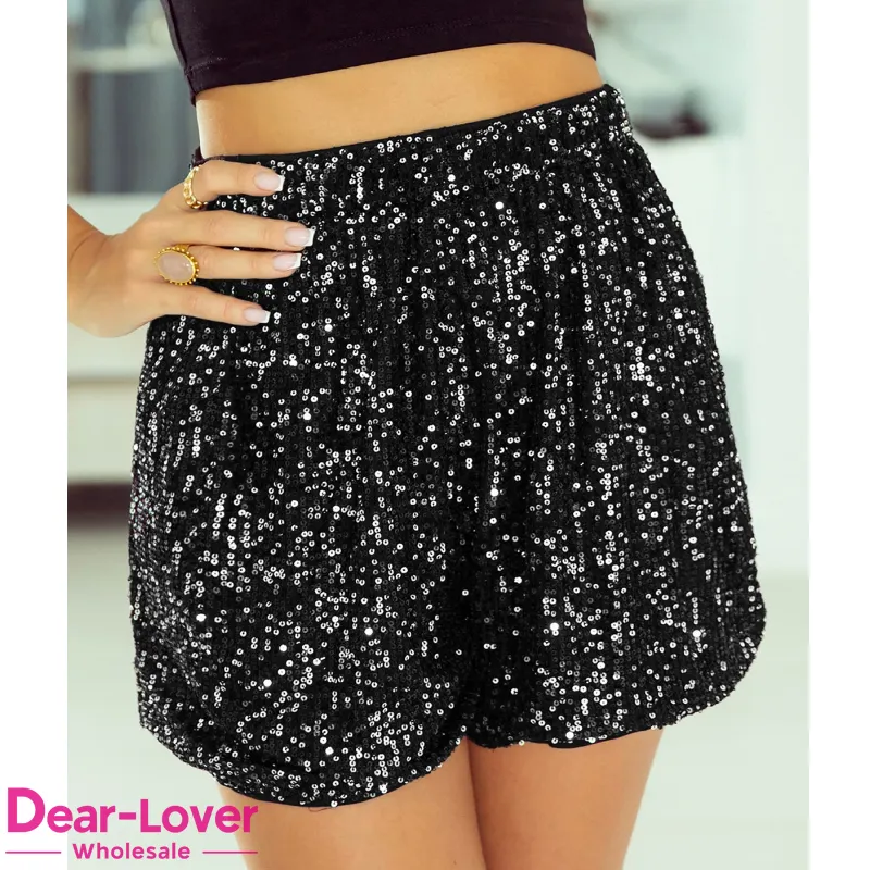 Dear-Lover Shorts de moda feminina de cintura alta verão casual poliéster elegante perna reta com lantejoulas