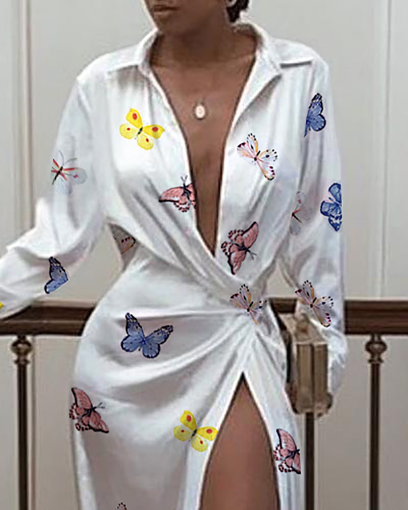 HYD6839 Autumn split mop dress shirt long sleeve printed dress for women