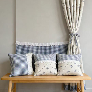 Custom French Country <strong>Curtains</strong> Blue <strong>Gingham</strong> Patchwork Floral Print Linen Drapes Vintage Lace Trim for Kitchen Bedroom - Product Image 5