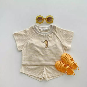 Conjunto de ropa para bebé, novedad de verano 2022, ropa de 2 uds para niña, camiseta de manga corta + traje corto de algodón a rayas para niño - Product Image 3