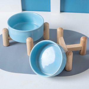 Shuo Ni <b>Ceramic</b> Pet <b>Bowls</b> With Wooden Stand Raised Feeding Set For Cats And <b>Dogs</b> Blue Color - Product Image 2