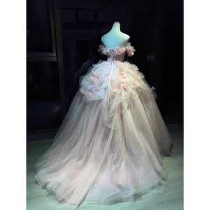 Pink Off The Shoulder Ball Gown Empire Waist Floral Print Prom Dress Princess Style Maxi Skirt - Product Image 3