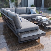 Ensemble de meubles de patio extérieur, canapé sectionnel en aluminium en forme de L avec table basse en pierre frittée, imperméable et antirouille pour le jardin