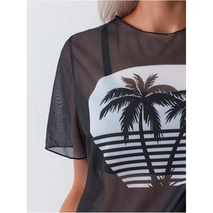 Traje de baño de 3 piezas para mujer con estampado de árboles, bikini de cintura alta con camiseta de malla y pantalones cortos - Product Image 4