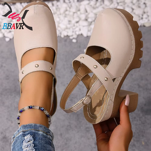 Sandalias de Tacón Alto con Suela Gruesa y Color Sólido, Tallas Grandes, Fabricante de Tacones, Venta al por Mayor, Zapatos Casuales de Mujer - Product Image 6
