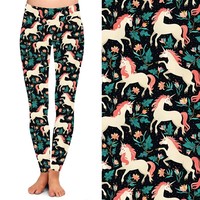 Vente d'usine Leggings licorne florale pour enfants Leggings imprimés Double face brossé beurre doux maman et moi leggings