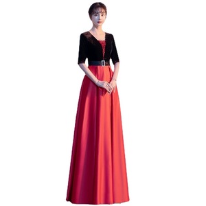 Modern Choir Performance Dress Women's Long Red V-neck Velvet Sheath Slim Fit Career Dress - Product Image 5