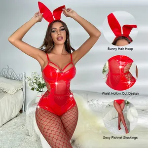 Wholesale Women Sexy PU Leather Hollow Out One Piece Lingerie Lady Cosplay Bunny Costume Teddy With Hair Hoop Fishnet Stockings