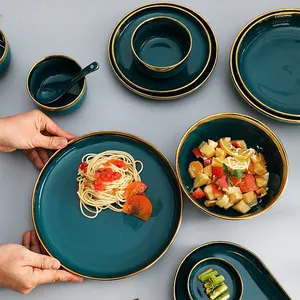 Оптовая продажа, изысканная Роскошная керамическая посуда в скандинавском стиле, 26 шт., с зеленым и золотым ободком, керамическая миска, тарелка, столовые приборы, подарочный набор