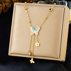Butterfly Pendant Necklace Stainless Steel Colorful Enamel Chain Tassel Design For Women Gift Jewelry - Product Image 1